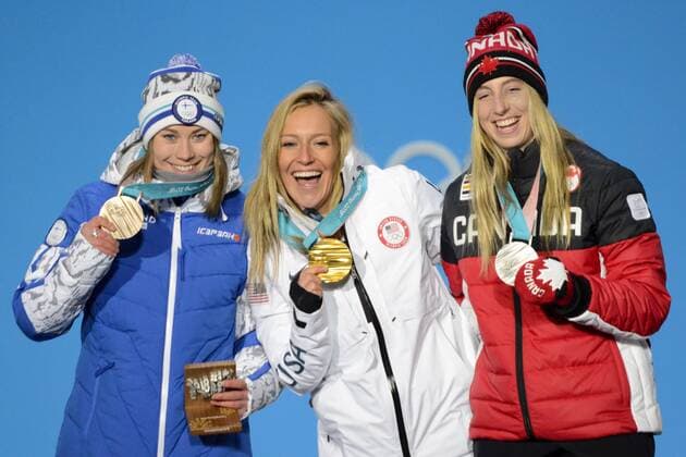 February 12, 2018 - Pyeongchang, South Korea - (L-R) Bronze medalist ENNI RUKAJARVI of Finland, Gold medalist JAMIE ANDERSON of USA, and silver medalist LAURIE BLOUIN of Canada with their medals from the Snowboard Ladies Slopestyle event at the PyeongChang Winter Olympic Games Olympische Spiele Olympia OS PyeongChang 18: Snowboard Women - ZUMAl132 20180212_zap_l132_013 Copyright: xChristopherxLevyx