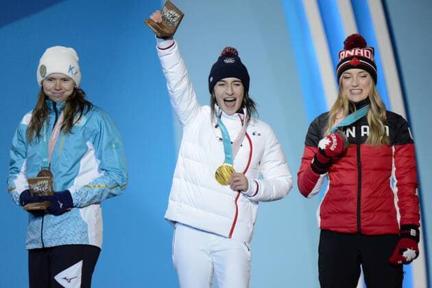 February 12, 2018 - Pyeongchang, South Korea - JUSTINE DUFOR-LAPOINTE of Canada , PERINE LAFFONT of France and YULIA GALYSHEVA of Kazakhstan with their medals from the Ladies s Moguls event in the PyeongChang Olympic Games Olympische Spiele Olympia OS PyeongChang 18: Freestyle Skiing Women - ZUMAl132 20180212_zap_l132_058 Copyright: xChristopherxLevyx