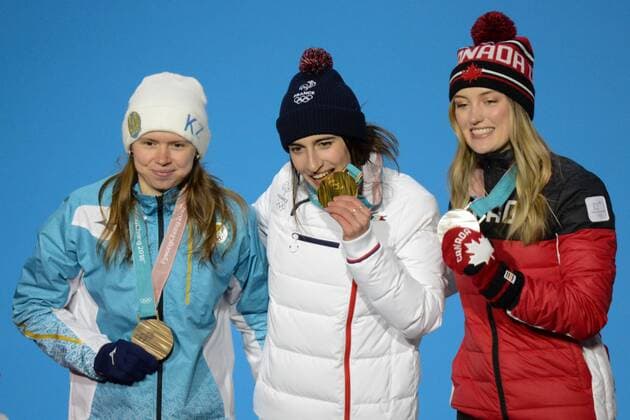 February 12, 2018 - Pyeongchang, South Korea - JUSTINE DUFOR-LAPOINTE of Canada , PERINE LAFFONT of France and YULIA GALYSHEVA of Kazakhstan with their medals from the Ladies s Moguls event in the PyeongChang Olympic Games Olympische Spiele Olympia OS PyeongChang 18: Freestyle Skiing Women - ZUMAl132 20180212_zap_l132_060 Copyright: xChristopherxLevyx