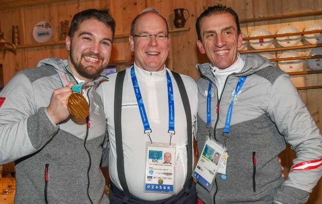 12.02.2018, Austria House, Pyeongchang, KOR, PyeongChang 2018, Medaillenfeier, Rodeln, Herren, im Bild David Gleirscher, Prinz Albert und Markus Prock David Gleirscher, Prinz Albert and Markus Prock during a medal celebration of the Pyeongchang 2018 Winter Olympic Games Olympische Spiele Olympia OS at the Austria House in Pyeongchang, South Korea on 2018 02 12. Pyeongchang *** 12 02 2018 Austria KOR House PyeongChang PyeongChang 2018 medal celebration Luge men s in the image of David Gleirscher Prince Albert and Markus Prock David Gleirscher Prince Albert and Markus Prock during a medal celebration of the PyeongChang 2018 Winter Olympic Games at the Austria House in PyeongChang of South Korea on 2018 02 12 PyeongChang  EX_SPI  