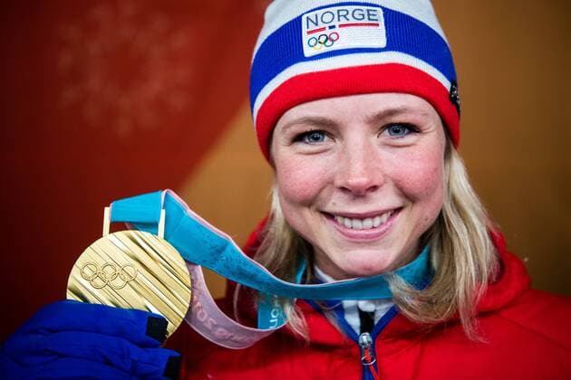 180213 Maren Lundby of Norway, gold, at the medal ceremony for the Women s Ski jumping Skispringen Ski nordisch during day four of the 2018 Winter Olympics on February 13, 2018 in Pyeongchang. Photo: Jon Olav Nesvold BILDBYRAN kod JE 160160 Copyright: JONxOLAVxNESVOLD BB180213JE062