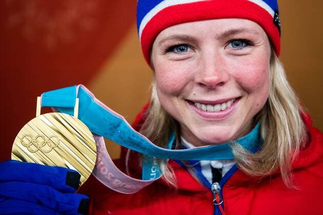 180213 Maren Lundby of Norway, gold, at the medal ceremony for the Women s Ski jumping Skispringen Ski nordisch during day four of the 2018 Winter Olympics on February 13, 2018 in Pyeongchang. Photo: Jon Olav Nesvold BILDBYRAN kod JE 160160 Copyright: JONxOLAVxNESVOLD BB180213JE065