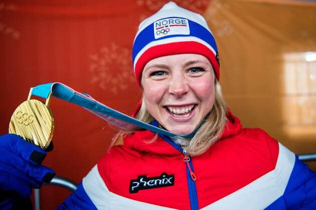 180213 Maren Lundby of Norway, gold, at the medal ceremony for the Women s Ski jumping Skispringen Ski nordisch during day four of the 2018 Winter Olympics on February 13, 2018 in Pyeongchang. Photo: Jon Olav Nesvold BILDBYRAN kod JE 160160 Copyright: JONxOLAVxNESVOLD BB180213JE066