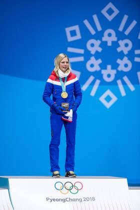 180213 Maren Lundby of Norway, gold, at the medal ceremony for the Women s Ski jumping Skispringen Ski nordisch during day four of the 2018 Winter Olympics on February 13, 2018 in Pyeongchang. Photo: Jon Olav Nesvold BILDBYRAN kod JE 160160 Copyright: JONxOLAVxNESVOLD BB180213JE068