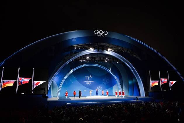 180213 Maren Lundby of Norway, gold, at the medal ceremony for the Women s Ski jumping Skispringen Ski nordisch during day four of the 2018 Winter Olympics on February 13, 2018 in Pyeongchang. Photo: Jon Olav Nesvold BILDBYRN kod JE 160160 Copyright: JONxOLAVxNESVOLD BB180213JE070