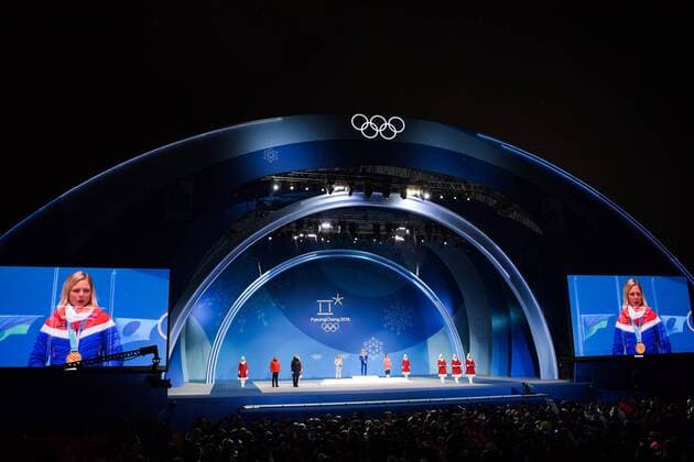 180213 Maren Lundby of Norway, gold, at the medal ceremony for the Women s Ski jumping Skispringen Ski nordisch during day four of the 2018 Winter Olympics on February 13, 2018 in Pyeongchang. Photo: Jon Olav Nesvold BILDBYRN kod JE 160160 Copyright: JONxOLAVxNESVOLD BB180213JE071