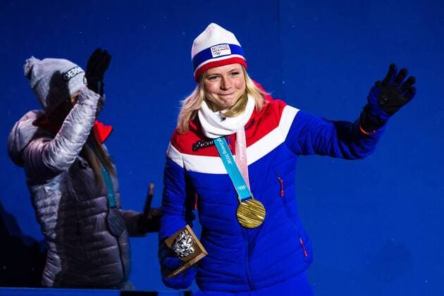 180213 Maren Lundby of Norway, gold, at the medal ceremony for the Women s Ski jumping Skispringen Ski nordisch during day four of the 2018 Winter Olympics on February 13, 2018 in Pyeongchang. Photo: Jon Olav Nesvold BILDBYRN kod JE 160160 Copyright: JONxOLAVxNESVOLD BB180213JE073