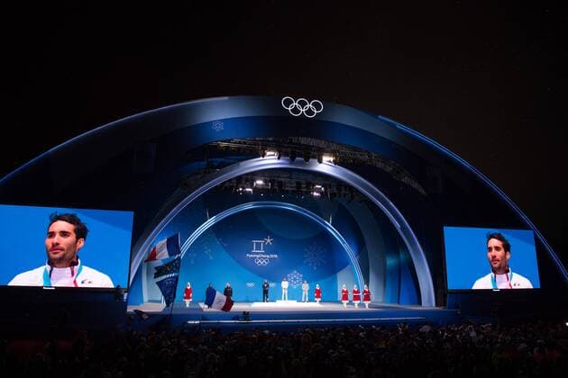 180213 Martin Fourcade of France, Gold, at the medal ceremony for the Men s Biathlon 12,5 km Pursuit during day four of the 2018 Winter Olympics on February 13, 2018 in Pyeongchang. Photo: Jon Olav Nesvold BILDBYRAN kod JE 160160 Copyright: JONxOLAVxNESVOLD BB180213JE088