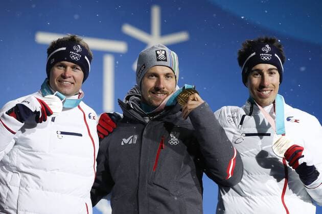 OLYMPICS - 2018 Winter Olympics PYEONGCHANG,SOUTH KOREA.13.FEB.18 - OLYMPICS,ALPINE SKIING - Olympic Winter games Winterspiele Spiele Summer games PyeongChang 2018, alpine combined, men, award ceremony. Image shows Alexis Pinturault (FRA), Marcel Hirscher (AUT) and Victor Muffat-Jeandet (FRA). Keywords: medal. GEPAxpictures xMaticxKlansek