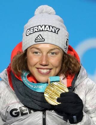 (180213) -- PYEONGCHANG, Feb. 13, 2018 -- Champion Laura Dahlmeier from Germany poses for photos during the medal ceremony of women s 10km pursuit event of biathlon at the 2018 PyeongChang Winter Olympic Games Olympische Spiele Olympia OS at the Medal Plaza in PyeongChang, South Korea, on Feb. 13, 2018. ) (SP)OLY-SOUTH KOREA-PYEONGCHANG-BIATHLON-WOMEN S 10KM PERSUIT-MEDAL CEREMONY BaixXuefei 