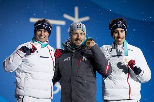 OLYMPICS - 2018 Winter Olympics PYEONGCHANG,SOUTH KOREA.13.FEB.18 - OLYMPICS,ALPINE SKIING - Olympic Winter games Winterspiele Spiele Summer games PyeongChang 2018, Medals Plaza, Alpine Combined, Men, award ceremony. Image shows Alexis Pinturault (FRA), Marcel Hirscher (AUT) and Victor Muffat-Jeandet (FRA). GEPAxpictures xMaticxKlansek