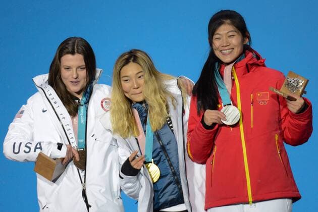 February 13, 2018 - Pyeongchang, South Korea - LIU JIAYU of China , CHLOE KIM of the United States and ARIELLE GOLD of the United States with their medals from the Ladies Halfpipe snowboard event in the PyeongChang Olympic Games Olympische Spiele Olympia OS PyeongChang 18: Snowboard Women - ZUMAl132 20180213_zap_l132_003 Copyright: xChristopherxLevyx