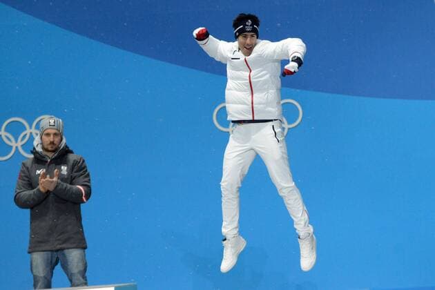February 13, 2018 - Pyeongchang, South Korea - VICTOR MUFFAT-JEANDET of France celebrates getting the bronze medal in the Men s Alpine Combined skiing event in the PyeongChang Olympic Games Olympische Spiele Olympia OS PyeongChang 18: Alpine Skiing Men - ZUMAl132 20180213_zap_l132_005 Copyright: xChristopherxLevyx