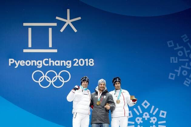 OLYMPICS - 2018 Winter Olympics PYEONGCHANG,SOUTH KOREA.13.FEB.18 - OLYMPICS,ALPINE SKIING - Olympic Winter games Winterspiele Spiele Summer games PyeongChang 2018, Medals Plaza, Alpine Combined, Men, award ceremony. Image shows Alexis Pinturault (FRA), Marcel Hirscher (AUT) and Victor Muffat-Jeandet (FRA). Keywords: medals. GEPAxpictures xMaticxKlansek