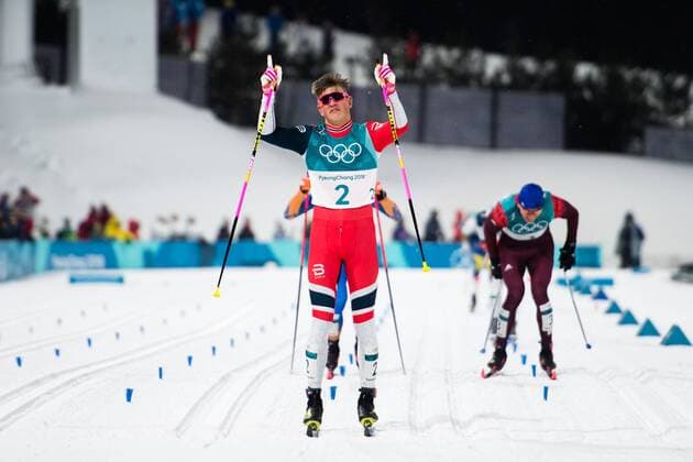 180213 Johannes Hösflot Kläbo of Norway, Gold, celebrates after the men?s classic sprint final during day four of the 2018 Winter Olympics on February 13, 2018 in Pyeongchang. Photo: Carl Sandin BILDBYRAN kod CS 57999_289 *** 180213 Johannes Hösflot Kläbo of Norway Gold celebrates after the men s classic sprint final during day four of the 2018 Winter Olympics on February 13 2018 in Pyeongchang Photo Carl Sandin BILDBYRAN code CS 57999 289  Copyright: CARLxSANDIN BB180213CS155