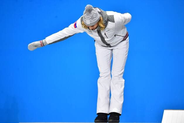 Silver medalist Slovakia s Anastasiya Kuzmina, celebrates during the medal ceremony for Biathlon Women s 10km Pursuit at the medal s plaza during the Pyeongchang 2018 Winter Olympics in Pyeongchang, South Korea, on February 13, 2018.  OLY20180213377 KEVINxDIETSCH