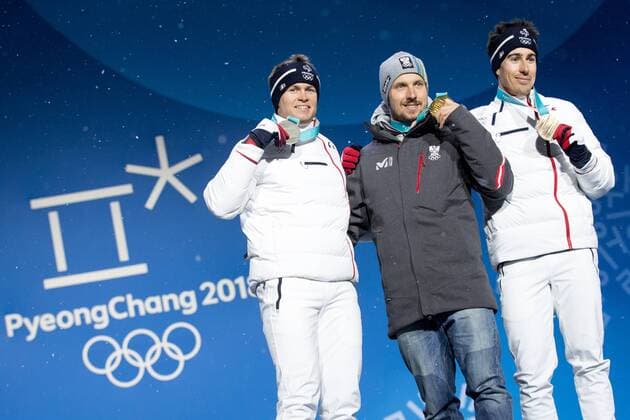 OLYMPICS - 2018 Winter Olympics PYEONGCHANG,SOUTH KOREA.13.FEB.18 - OLYMPICS,ALPINE SKIING - Olympic Winter games Winterspiele Spiele Summer games PyeongChang 2018, Medals Plaza, Alpine Combined, Men, award ceremony. Image shows Alexis Pinturault (FRA), Marcel Hirscher (AUT) and Victor Muffat-Jeandet (FRA). Keywords: medals. GEPAxpictures xMaticxKlansek