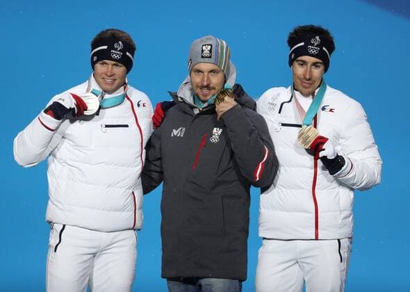 (180213) -- PYEONGCHANG, Feb. 13, 2018 -- Gold medalist Marcel Hirscher (C) of Austria, silver medalist Alexis Pinturault (L) of France and bronze medalist Victor Muffat-Jeandet of France pose for photos during the medal ceremony of men s alpine combined of alpine skiing at 2018 PyeongChang Winter Olympic Games Olympische Spiele Olympia OS at the Medal Plaza in PyeongChang, South Korea, on Feb. 13, 2018. ) (SP)OLY-SOUTH KOREA-PYEONGCHANG-ALPINE SKIING-MEN S ALPINE COMBINED-MEDAL CEREMONY BaixXuefei 