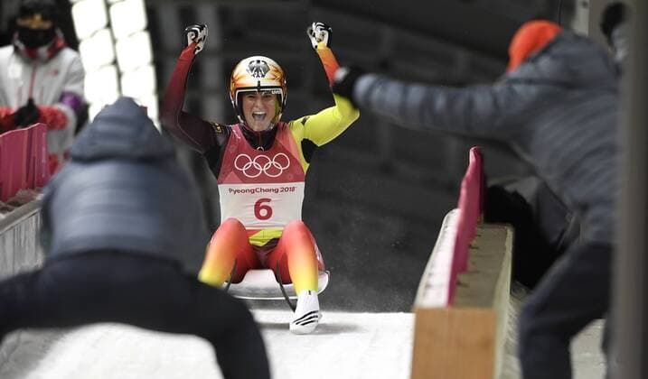February 13, 2018 - Pyeongchang, South Korea - Coaches greet NATALIE GEISENBERGER of Germany in the finish area after her gold medal finish in the Womens Singles Luge finals Tuesday, February 13, 2018 at Olympic Sliding Center at the Pyeongchang Winter Olympic Games Olympische Spiele Olympia OS , ZUMA Press The Gazette PyeongChang 18: Luge Women - ZUMAr157 20180213_zap_r157_052 Copyright: xMarkxReisx