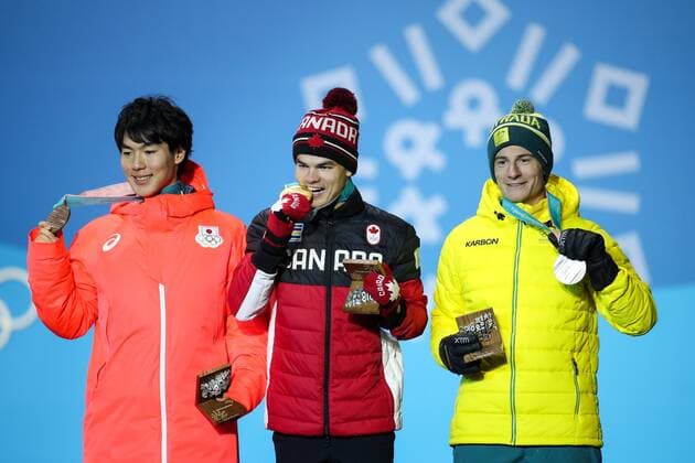 OLYMPICS - 2018 Winter Olympics PYEONGCHANG,SOUTH KOREA,13.FEB.18 - OLYMPICS, FREE SKI, FREESTYLE SKIING - Olympic Winter games Winterspiele Spiele Summer games PyeongChang 2018, Medals Plaza, Moguls, Men, award ceremony. Image shows Matt Graham (AUS), Mikael Kingsbury (CAN) and Daichi Hara (JPN). Keywords: medals. GEPAxpictures xMaticxKlansek