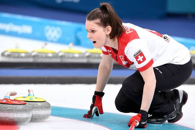 (180213) -- PYEONGCHANG, Feb. 13, 2018 -- Jenny Perret of Switzerland competes during mixed doubles gold medal game of curling between Canada and Switzerland at the Pyeongchang 2018 Winter Olympic Games Olympische Spiele Olympia OS at Gangneung Curling Centre?Gangneung, South Korea, Feb. 13, 2018. Switzerland lost 3:10. ) (SP)OLY-SOUTH KOREA-PYEONGCHANG-CURLING-MIXED DOULBES-GOLD MEDAL GAME MaxPing 