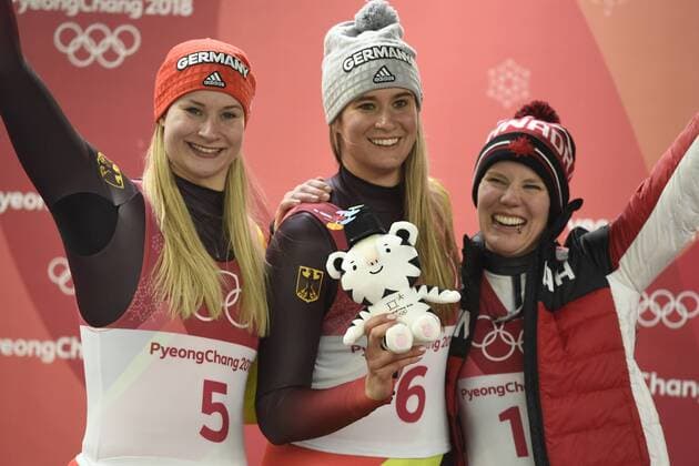 February 13, 2018 - Pyeongchang, South Korea - Gold medalist NATALIE GEISENBERGER of Germany is flanked by silver medalist DAJANA EITBERGER of Germany, left, and ALEX GOUGH following an awards ceremony for the Womens Singles Luge finals Tuesday, February 13, 2018 at Olympic Sliding Center at the Pyeongchang Winter Olympic Games Olympische Spiele Olympia OS , ZUMA Press The Gazette PyeongChang 18: Luge Women - ZUMAr157 20180213_zap_r157_079 Copyright: xMarkxReisx