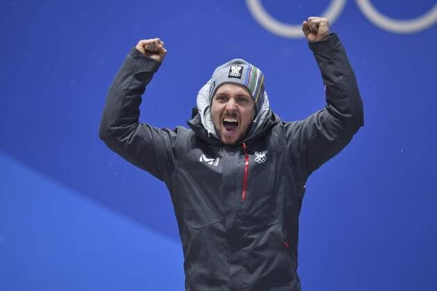 MARCEL HIRSCHER (AUT), 1. Platz, Goldmedaillengewinner, Gold, Goldmedaille, Olympiasieger, Jubel, jubelt, Freude, Begeisterung, Emotion, jubeln, cheers, Men s Alpine Combined, Ski Alpin, Kombination, Siegerehrung,Victory Ceremony, PyeongChang Olympic Medals Plaza am 13.02.2018. Olympische Winterspiele 2018, vom 09.02. - 25.02.2018 in PyeongChang Suedkorea. Â