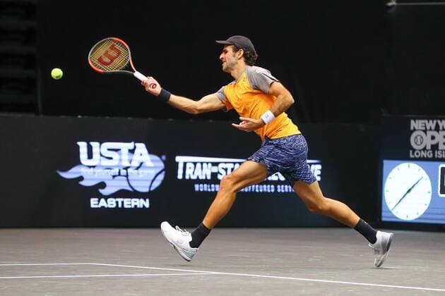 UNIONDALE, NY - FEBRUARY 13: Adrian Menendez-Maceiras of Spain returns during the New York Open on February 13, 2018, at NYCB Live in Uniondale, NY. (Photo by Rich Graessle Icon Sportswire) TENNIS: FEB 13 New York Open Icon0213181477 EDITORIAL USE ONLY