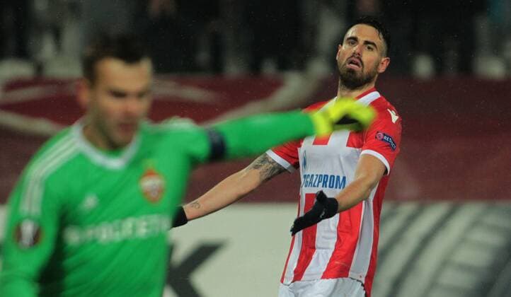 11.02.2018 Belgrade(Serbia) FK Crvena Zvezda(FC Red Star)-FC CSKA Moscow Europa League 1 16 final men s football Damien Le Tallec(r) FK Crvena Zvezda react after missed chance behind Igor Akinfeev FC CSKA Moscow : 