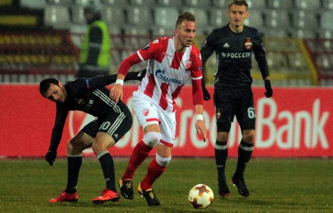 11.02.2018 Belgrade(Serbia) FK Crvena Zvezda(FC Red Star)-FC CSKA Moscow Europa League 1 16 final men s football Uros Racic(c) FK Crvena Zvezda, Alan Dzagoev(L) FC CSKA Moscow : 