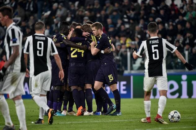 February 13, 2018 - Turin, Italy - Christian Eriksen of Tottenham celebrates scoring second goal during the UEFA Champions League Round of 16 match between Juventus and Tottenham Hotspur at the Juventus Stadium, Turin, Italy on 13 February 2018. Juventus v Tottenham - UEFA Champions League  - ZUMAn230 20180213_zaa_n230_584 Copyright: xGiuseppexMaffiax