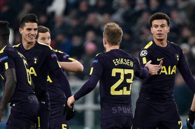 February 13, 2018 - Turin, Italy - Christian Eriksen of Tottenham celebrates scoring second goal during the UEFA Champions League Round of 16 match between Juventus and Tottenham Hotspur at the Juventus Stadium, Turin, Italy on 13 February 2018. Juventus v Tottenham - UEFA Champions League  - ZUMAn230 20180213_zaa_n230_586 Copyright: xGiuseppexMaffiax