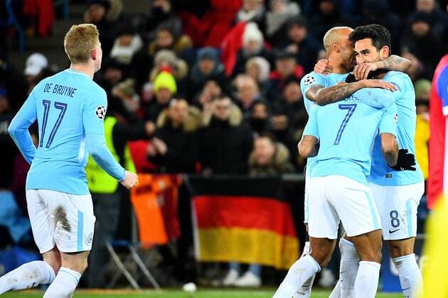 13th February 2018, St Jakob Park, Basel, Switzerland; UEFA Champions League football, round of 16, first leg, FC Basel versus Manchester City; Ilkay Gundogan of Manchester City celebrates his goal with teammates Raheem Sterling, Fabian Delph and Kevin de Bruyne to make it 4-0 in the 53rd minute  ActionPlus11986711