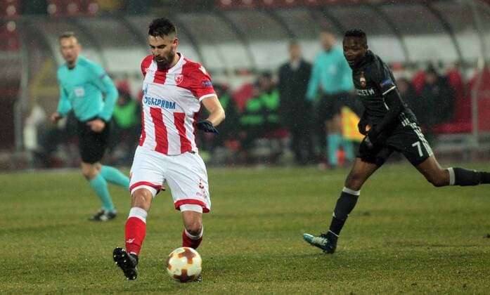 13.02.2018 Belgrade(Serbia) FK Crvena Zvezda(FC Red Star)-FC CSKA Moscow Europa League 1 16 final men s football Damien Le Tallec(r) FK Crvena Zvezda, Ahmed Musa(r)FC CSKA Moscow : 