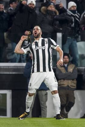 Gonzalo Gerardo Higuain of Juventus celebrates after scoring his team s first goal during the Italian Uefa Champions League Round of 16 First leg match between Juventus 2-2 Tottenham Hotspur at Allianz Stadium on February 13, 2018 in Torino, Germany. Noxthirdxpartyxsales  (72086725)