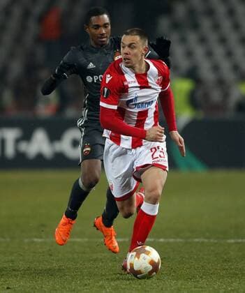(180214) -- BELGRADE, Feb. 14, 2018 -- Crvena Zvezda s Milan Rodic (R) vies with CSKA Moscow s Vitinho during the UEFA Europa League round of 32 first leg football match between Crvena Zvezda and CSKA Moscow in Belgrade, Serbia on Feb. 13, 2018. The match ended with 0-0.) (SP)SERBIA-BELGRADE- EUROPA-FOOTBALL-CRVENA ZVEZDA VS CSKA PredragxMilosavljevic 