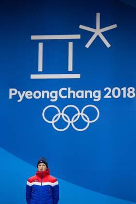 180214 Johannes Hosflot Klaebo of Norway, Gold, celebrates at the medal ceremony for the Men s Cross Country Sprint during day five of the 2018 Winter Olympics on February 14, 2018 in Pyeongchang. Photo: Carl Sandin BILDBYRAN kod CS 57999_292 Copyright: CARLxSANDIN BB180214CS093