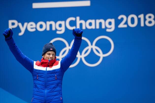 180214 Johannes Hosflot Klaebo of Norway, Gold, celebrates at the medal ceremony for the Men s Cross Country Sprint during day five of the 2018 Winter Olympics on February 14, 2018 in Pyeongchang. Photo: Carl Sandin BILDBYRAN kod CS 57999_292 Copyright: CARLxSANDIN BB180214CS098