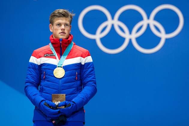 180214 Johannes H¿sflot Kl¾bo of Norway, Gold, celebrates at the medal ceremony for the Men s Cross Country Sprint during day five of the 2018 Winter Olympics on February 14, 2018 in Pyeongchang. Photo: Carl Sandin BILDBYRN kod CS 57999_292 Copyright: CARLxSANDIN BB180214CS099