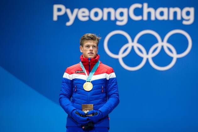 180214 Johannes H¿sflot Kl¾bo of Norway, Gold, celebrates at the medal ceremony for the Men s Cross Country Sprint during day five of the 2018 Winter Olympics on February 14, 2018 in Pyeongchang. Photo: Carl Sandin BILDBYRN kod CS 57999_292 Copyright: CARLxSANDIN BB180214CS100