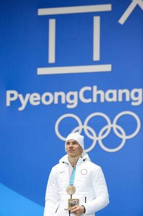 PYEONGCHANG, SOUTH KOREA - FEBRUARY 14, 2018: Bronze medalist, Olympic Athlete from Russia Alexander Bolshunov at a medal ceremony for the men s cross-country skiing individual sprint classic event at the 2018 Winter Olympic Games Olympische Spiele Olympia OS at Medals Plaza. Sergei Bobylev TASS  TS073C15