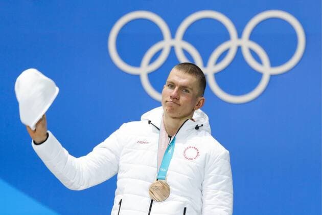 PYEONGCHANG, SOUTH KOREA - FEBRUARY 14, 2018: Bronze medalist, Olympic Athlete from Russia Alexander Bolshunov at a medal ceremony for the men s cross-country skiing individual sprint classic event at the 2018 Winter Olympic Games Olympische Spiele Olympia OS at Medals Plaza. Sergei Bobylev TASS  TS073C16