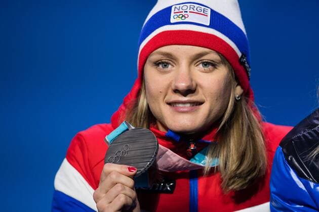 180214 Maiken Caspersen Falla of Norway, Silver, celebrating at the medal ceremony for the Women s Cross Country Sprint during day five of the 2018 Winter Olympics on February 14, 2018 in Pyeongchang. Photo: Carl Sandin BILDBYRN kod CS 57999_292 Copyright: CARLxSANDIN BB180214CS111