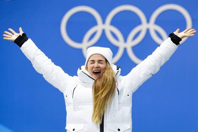 PYEONGCHANG, SOUTH KOREA - FEBRUARY 14, 2018: Bronze medalist, Olympic Athlete from Russia Yulia Belorukova at a medal ceremony for the ladies cross-country skiing individual sprint classic event at the 2018 Winter Olympic Games Olympische Spiele Olympia OS at Medals Plaza. Sergei Bobylev TASS  TS073C2C