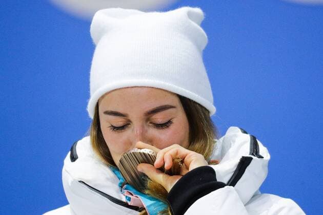 PYEONGCHANG, SOUTH KOREA - FEBRUARY 14, 2018: Bronze medalist, Olympic Athlete from Russia Yulia Belorukova at a medal ceremony for the ladies cross-country skiing individual sprint classic event at the 2018 Winter Olympic Games Olympische Spiele Olympia OS at Medals Plaza. Sergei Bobylev TASS  TS073C36