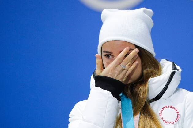 PYEONGCHANG, SOUTH KOREA - FEBRUARY 14, 2018: Bronze medalist, Olympic Athlete from Russia Yulia Belorukova at a medal ceremony for the ladies cross-country skiing individual sprint classic event at the 2018 Winter Olympic Games Olympische Spiele Olympia OS at Medals Plaza. Sergei Bobylev TASS  TS073C38