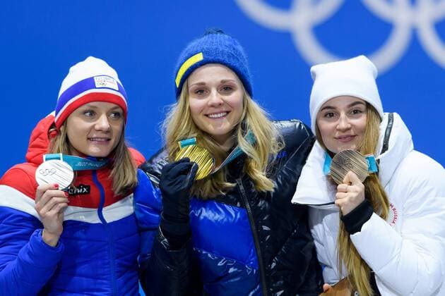 180214 Maiken Caspersen Falla of Norway, Silver, Stina Nilsson of Sweden, Gold, and Yulia Belorukova of Russia (OAR), bronze, at the medal ceremony for the Women s Cross Country Sprint during day five of the 2018 Winter Olympics on February 14, 2018 in Pyeongchang. Photo: Carl Sandin BILDBYRAN kod CS 57999_292 Copyright: CARLxSANDIN BB180214CS140