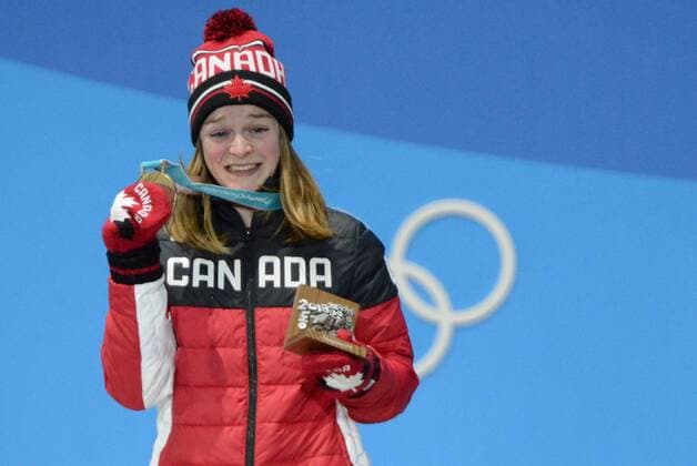 February 14, 2018 - Pyeongchang, South Korea - KIM BOUTIN of Canada with her bronze medal for the Ladies Short Track 500m skating event in the PyeongChang Olympic Games Olympische Spiele Olympia OS PyeongChang 18: Short Track Speed skating Eisschnelllauf Women - ZUMAl132 20180214_zap_l132_027 Copyright: xChristopherxLevyx