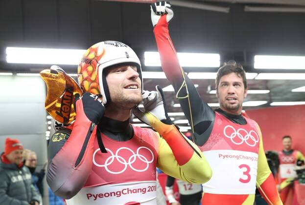 (180214) -- PYEONGCHANG, Feb. 14, 2018 -- Champion Tobias Wendl (R) and Tobias Arlt from Germany celebrate after finishing men s doubles event of luge at 2018 PyeongChang Winter Olympic Games Olympische Spiele Olympia OS at Olympic Sliding Centre, PyeongChang, South Korea, Feb. 14, 2018. Tobias Wendl and Tobias Arlt claimed champion in a time of 1:31.697. ) (SP)OLY-SOUTH KOREA-PYEONGCHANG-LUGE-MEN S DOUBLES LixGang 