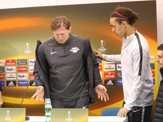 Trainer Ralph Hasenhuettl (RB Leipzig) Yussuf Poulsen (RB Leipzig 9), Pressekonferenz, SSC Neapel vs. RB Leipzig, Europa League, Fussball, 14.02.2018, Neapel Copyright: xLanger Eibner-Pressefotox EP_HLR